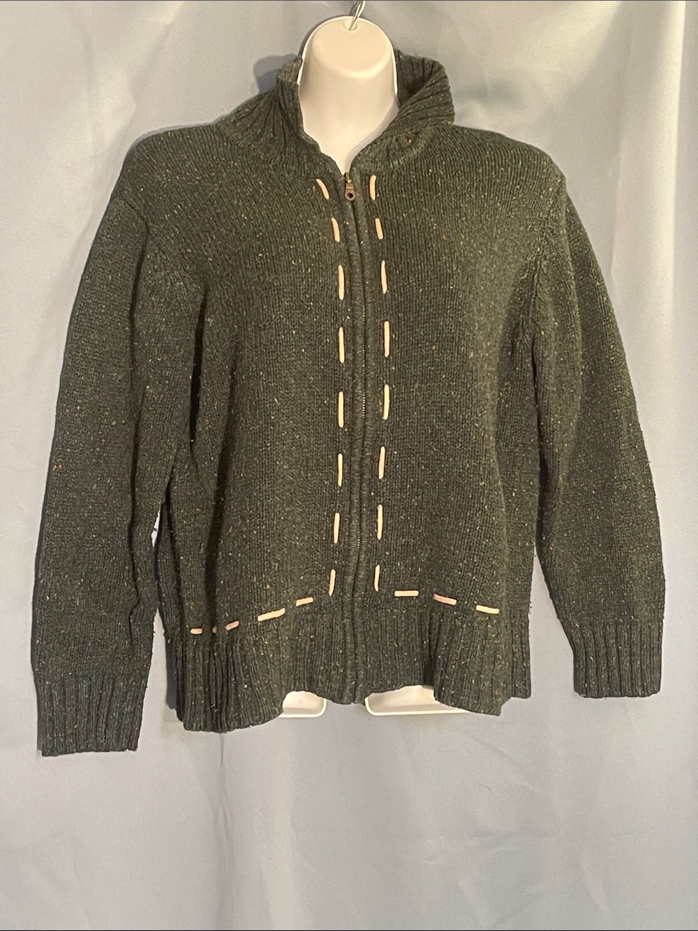 Cabin Creek Olive Zip-Up Knit Cardigan with Contrast Stitching